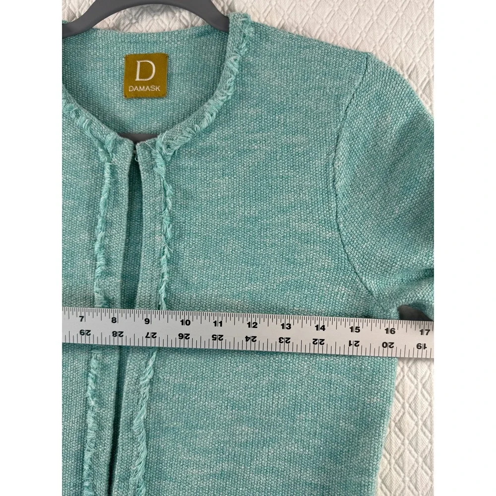 Viintage‎ Cardigan Sweater Blazer Women SP Teal Marl Knit Open Front Fringe Trim
